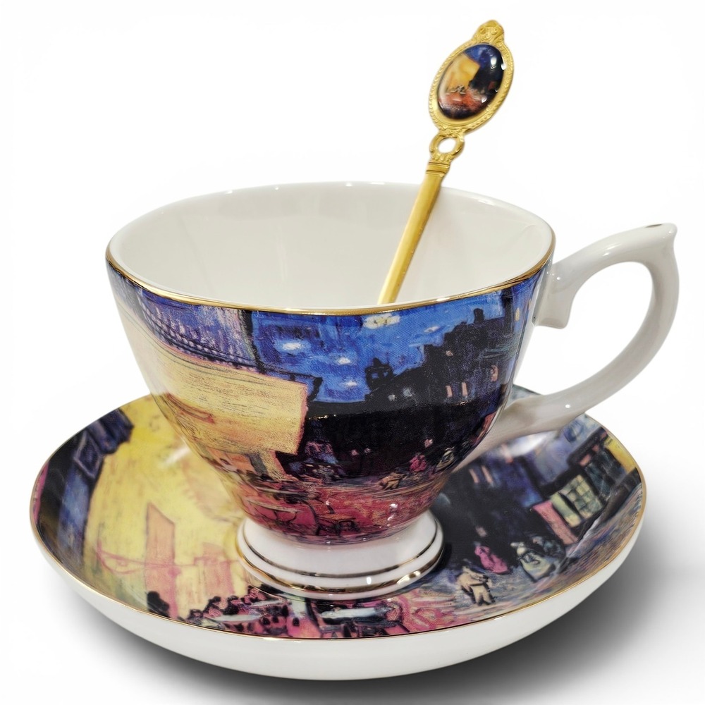 Vintage Vincent Van Gogh Cafe Terrace at Night Teacup Saucer Spoon Set Porcelain